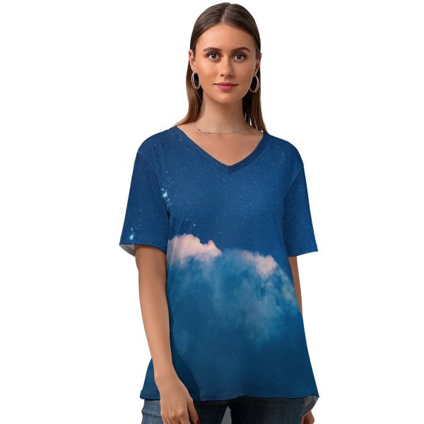 yanfind V Neck T-shirt for Women Cerqueira Starry Sky Clouds Sky Night Summer Top  Short Sleeve Casual Loose