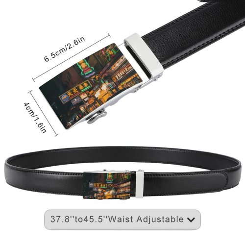 yanfind Belt Billboard Street City Time Illuminated Lights Downtown Kong Taxi Evening Traffic Travel Men's Dress Casual Every Day Reversible Leather Belt