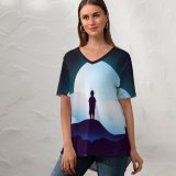 yanfind V Neck T-shirt for Women Shaurya Singh Fantasy Boy Kid Alone Silhouette Moon Night Clouds Starry Sky Summer Top  Short Sleeve Casual Loose