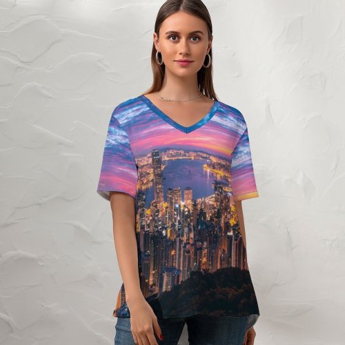 yanfind V Neck T-shirt for Women Simon Zhu Hong Kong Cityscape Night City Lights Metropolitan Twilight Aerial Summer Top  Short Sleeve Casual Loose