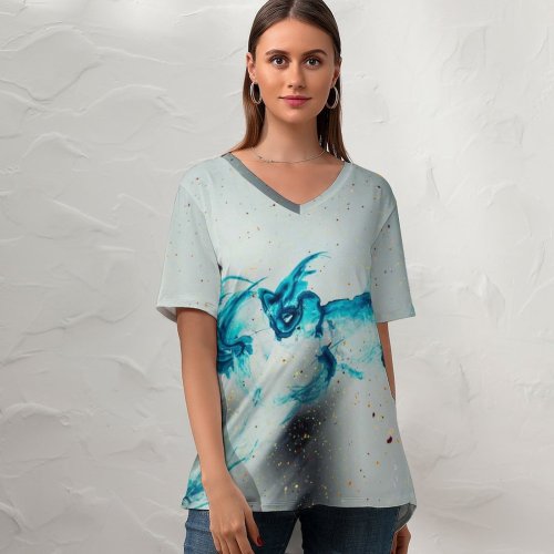 yanfind V Neck T-shirt for Women Splash Poetic Graphics Dream Wallpapers Imagination Dreamy Teal Spiritual Mystic Modern Summer Top  Short Sleeve Casual Loose