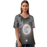yanfind V Neck T-shirt for Women Selenophile_photo Moon Jupiter Saturn Night Dark Cloudy Surreal Summer Top  Short Sleeve Casual Loose