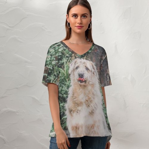 yanfind V Neck T-shirt for Women Lovely Pet Wallpapers Plant Outdoors Pictures Creative Grey Dog Commons Summer Top  Short Sleeve Casual Loose