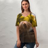 yanfind V Neck T-shirt for Women Lovely Golden Pet Wallpapers Plant Free Forest Pictures Strap Dog Leaf Summer Top  Short Sleeve Casual Loose