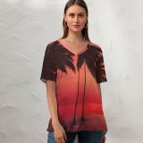 yanfind V Neck T-shirt for Women Sunset Tropical Trees Silhouette Dawn Warm Summer Top  Short Sleeve Casual Loose