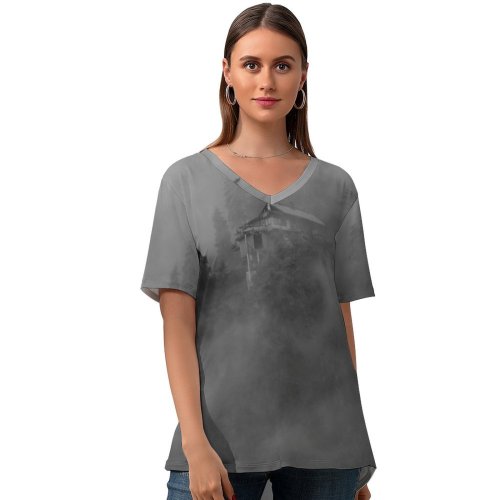 yanfind V Neck T-shirt for Women Creepy Fog Mist Cabin Wallpapers Horror Outdoors Tree Evening Free Mayrhofen Summer Top  Short Sleeve Casual Loose