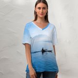 yanfind V Neck T-shirt for Women Romain Guy Annecy Feeds Kayak France Lake Glider Sailor River Waterfront Mountains Summer Top  Short Sleeve Casual Loose