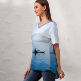 yanfind V Neck T-shirt for Women Romain Guy Annecy Feeds Kayak France Lake Glider Sailor River Waterfront Mountains Summer Top  Short Sleeve Casual Loose