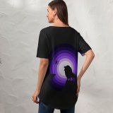 yanfind V Neck T-shirt for Women Suryapraveen Black Dark Minimal Lion Roaring Silhouette Moon Night Purple Summer Top  Short Sleeve Casual Loose