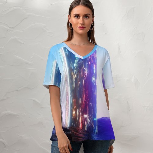 yanfind V Neck T-shirt for Women SciFi Extraterrestrial Ocean Neon Sunlight Summer Top  Short Sleeve Casual Loose