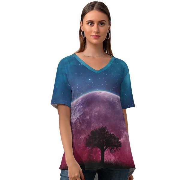 yanfind V Neck T-shirt for Women Space Lone Tree Planet Surreal Night Silhouette Starry Sky Summer Top  Short Sleeve Casual Loose