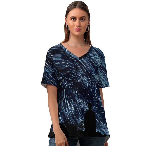 yanfind V Neck T-shirt for Women Space Star Trails Silhouette Exposure Outer Space Night Time Astronomy Summer Top  Short Sleeve Casual Loose
