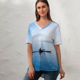 yanfind V Neck T-shirt for Women Romain Guy Annecy Feeds Kayak France Lake Glider Sailor River Waterfront Mountains Summer Top  Short Sleeve Casual Loose