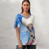 yanfind V Neck T-shirt for Women Transport Freedom Air Flight Airship Sky Grass Wallpapers Travel Outdoors Aircraft Summer Top  Short Sleeve Casual Loose