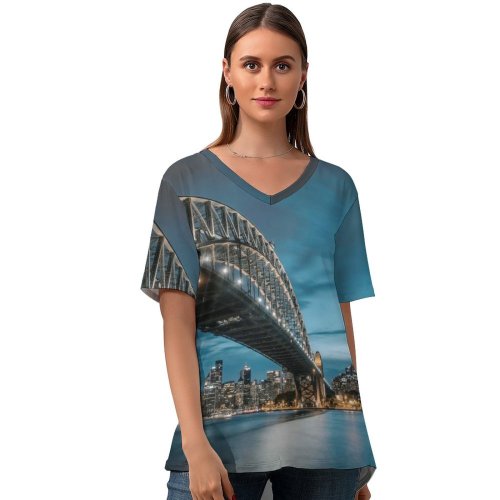 yanfind V Neck T-shirt for Women Sydney Harbour Bridge Milsons Point Australia Cityscape River Night Lights Sky Summer Top  Short Sleeve Casual Loose
