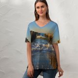 yanfind V Neck T-shirt for Women Carsten Heyer Breskens Beach Holland Netherlands Breakwaters Sea Ocean Waves Seascape Woods Summer Top  Short Sleeve Casual Loose