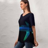 yanfind V Neck T-shirt for Women Shark Underwater Atlantic Ocean Deep Sea Dark Summer Top  Short Sleeve Casual Loose