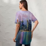 yanfind V Neck T-shirt for Women Romain Guy Singapore Cityscape Buildings Skyscrapers Reflection Night City Lights Colorful Summer Top  Short Sleeve Casual Loose