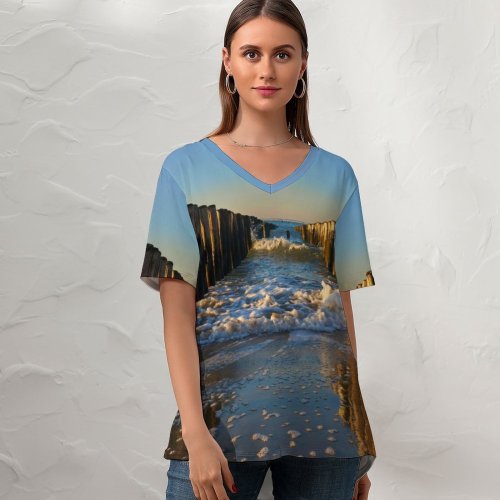 yanfind V Neck T-shirt for Women Carsten Heyer Breskens Beach Holland Netherlands Breakwaters Sea Ocean Waves Seascape Woods Summer Top  Short Sleeve Casual Loose