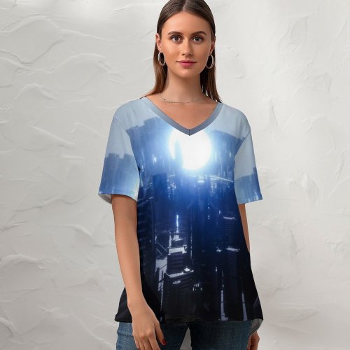 yanfind V Neck T-shirt for Women SciFi Futuristic City Energy Moon Dark Power Summer Top  Short Sleeve Casual Loose