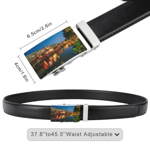 yanfind Belt Row Chinese Cultures Tourist Night Village Architecture Building Waterfront Light Town Landscape Men's Dress Casual Every Day Reversible Leather Belt
