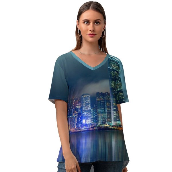 yanfind V Neck T-shirt for Women Serey Kim Hong Kong City Reflection Skyscrapers Modern Architecture Cityscape Night Lights Summer Top  Short Sleeve Casual Loose