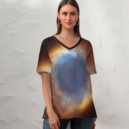 yanfind V Neck T-shirt for Women Space Black Dark Helix Nebula Constellation Aquarius Galaxy Astronomy Stars Dark Eye Summer Top  Short Sleeve Casual Loose