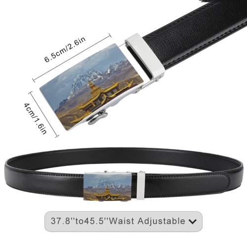 yanfind Belt Sichuan Chinese Snowcapped Architecture Building Range Spirituality Monastery Landscape Tibet Tibetan Gold Men's Dress Casual Every Day Reversible Leather Belt