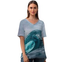 yanfind V Neck T-shirt for Women Ocean Waves High Tides Summer Top  Short Sleeve Casual Loose