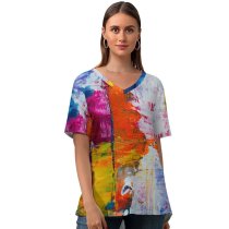yanfind V Neck T-shirt for Women Acrylic HQ Texture Colour Advertisement Public Expressionism Wallpapers Modern Art Collage Summer Top  Short Sleeve Casual Loose