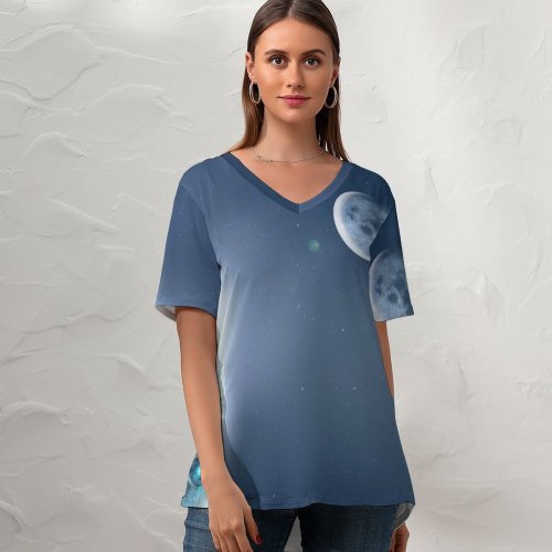 yanfind V Neck T-shirt for Women Space Spaceship Earth Moon Planets Stars Summer Top  Short Sleeve Casual Loose