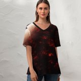 yanfind V Neck T-shirt for Women Space Planet Burning Space Exploration Dark Summer Top  Short Sleeve Casual Loose