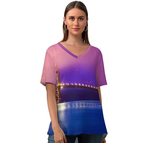 yanfind V Neck T-shirt for Women Romain Guy Golden Gate Bridge San Francisco California Scenic Sky Pacific Ocean Summer Top  Short Sleeve Casual Loose