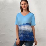 yanfind V Neck T-shirt for Women PIROD Winter Forest Snow Trees Hill Sky Clear Sky Sky Summer Top  Short Sleeve Casual Loose