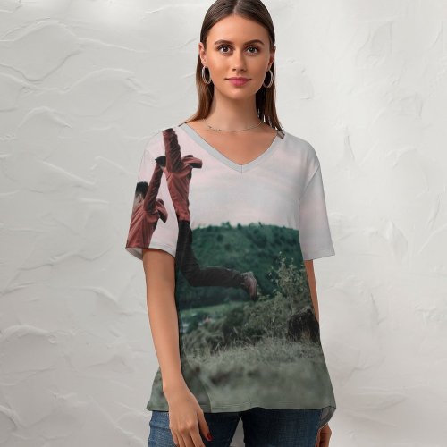yanfind V Neck T-shirt for Women Jumping Nusa Life Public Hills Wallpapers Mountain Vigour Tenggara Spirited West Summer Top  Short Sleeve Casual Loose
