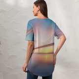 yanfind V Neck T-shirt for Women Oakland Bay Bridge San Francisco California Sunrise Exposure Landscape Summer Top  Short Sleeve Casual Loose