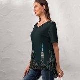 yanfind V Neck T-shirt for Women Sanaan Mazhar York City Cityscape Night City Lights Half Moon Starry Sky Summer Top  Short Sleeve Casual Loose