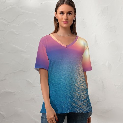 yanfind V Neck T-shirt for Women Sunrise Seascape Horizon Ocean Sky Morning Light Summer Top  Short Sleeve Casual Loose