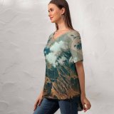 yanfind V Neck T-shirt for Women Land Landscape Aerial Wallpapers Mountain Outdoors Scenery Free Art Pictures Grey Summer Top  Short Sleeve Casual Loose