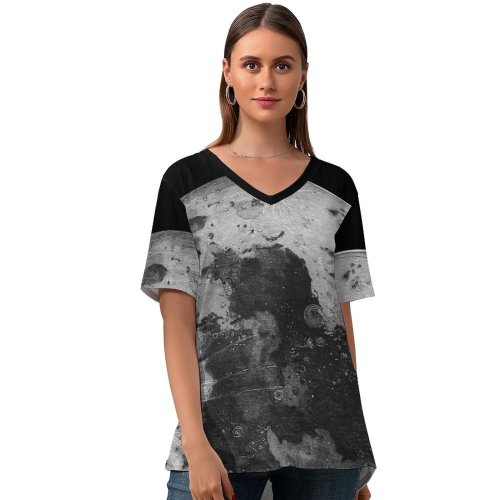 yanfind V Neck T-shirt for Women Space Black Dark Moon ColorOS Astronomy Summer Top  Short Sleeve Casual Loose