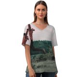 yanfind V Neck T-shirt for Women Jumping Nusa Life Public Hills Wallpapers Mountain Vigour Tenggara Spirited West Summer Top  Short Sleeve Casual Loose