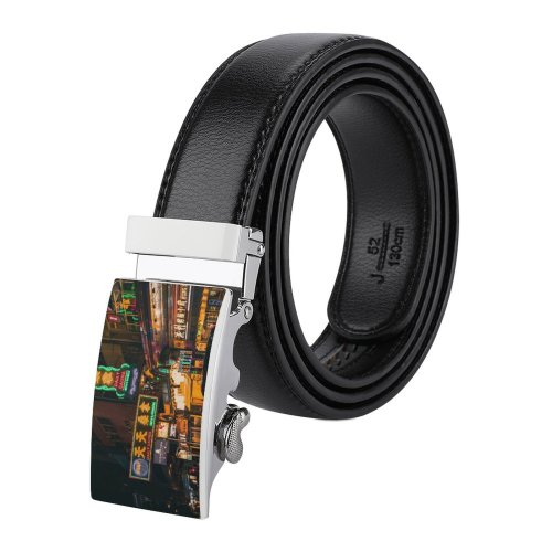 yanfind Belt Billboard Street City Time Illuminated Lights Downtown Kong Taxi Evening Traffic Travel Men's Dress Casual Every Day Reversible Leather Belt