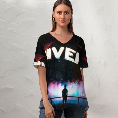 yanfind V Neck T-shirt for Women Universal Night Mist Word Globe Singapore Outdoors Fountain Urban Stock Free Summer Top  Short Sleeve Casual Loose