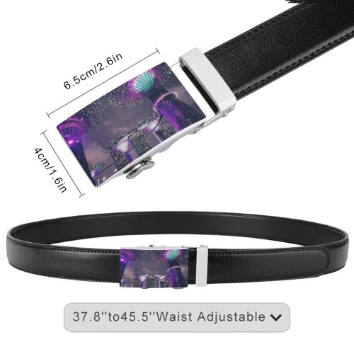 yanfind Belt Beautiful City Decor Illuminated Lights Evening Colorful Buildings Display Urban Outdoors Architecture Men's Dress Casual Every Day Reversible Leather Belt