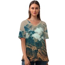 yanfind V Neck T-shirt for Women Land Landscape Aerial Wallpapers Mountain Outdoors Scenery Free Art Pictures Grey Summer Top  Short Sleeve Casual Loose