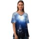 yanfind V Neck T-shirt for Women SciFi Futuristic City Energy Moon Dark Power Summer Top  Short Sleeve Casual Loose