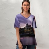 yanfind V Neck T-shirt for Women Shard London England Landmark Cityscape City Lights Skyscrapers River Thames City Hall Summer Top  Short Sleeve Casual Loose