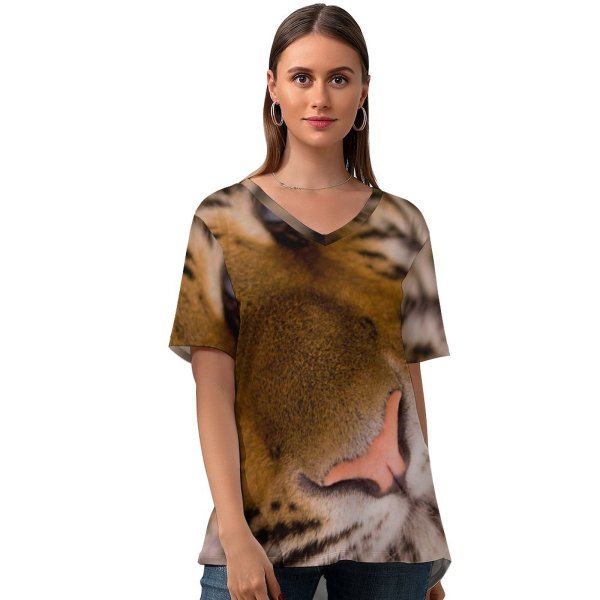 yanfind V Neck T-shirt for Women Skitterphoto Tiger Face Closeup Wild Predator Carnivore Big Cat Portrait Summer Top  Short Sleeve Casual Loose
