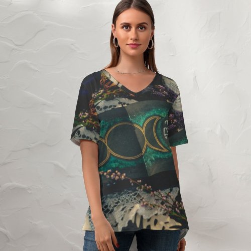 yanfind V Neck T-shirt for Women Darkness Harvest Vegetables Moon Wallpapers Skull Candle Crystals Pumpkin Alchemy Ingredients Summer Top  Short Sleeve Casual Loose