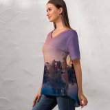 yanfind V Neck T-shirt for Women Sunset Purple Sky Colorful Sky Village Palm Trees Flying Birds Reflection Summer Top  Short Sleeve Casual Loose